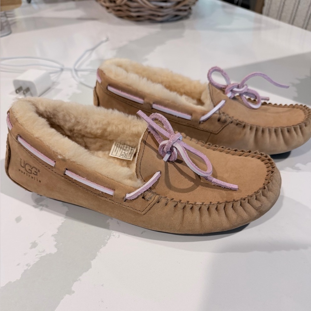 UGG Chestnut Suede Moccasin Slippers with Light Pink Trim